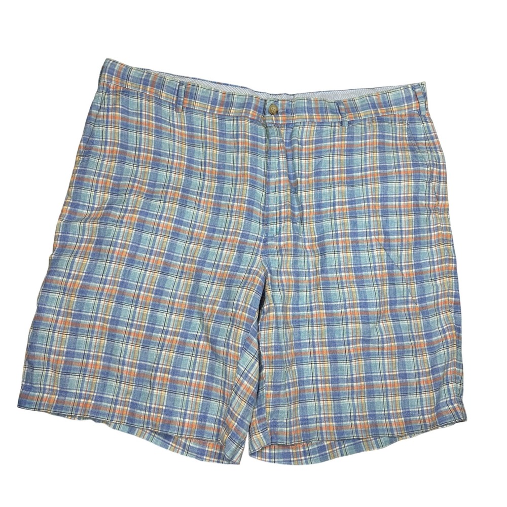 Peter Millar Mens 38 Blue Plaid 100% Linen Flat Front Casual Summer Shorts Golf